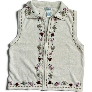 Classic Elements Vintage Knit Vest Medium Cream Floral Embroidered Zip Up Boho